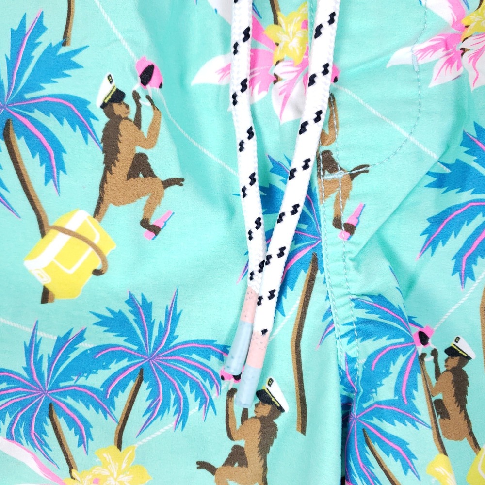 Party Pants Swim Trunks Mens M Aqua Tropical Monkey Palm Tree Beach Party Shorts - Picture 4 of 16